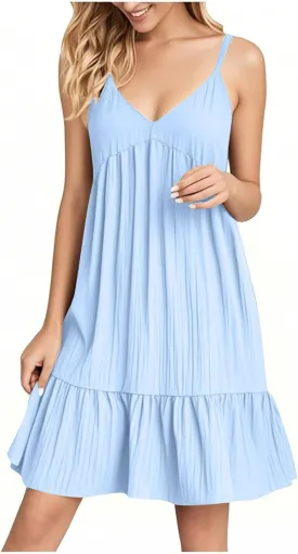 Sun Dresses for Women 2025 Vacation Summer Casual V Neck Spaghetti Strap Slip Dress Pleated Pajamas Mini Dress