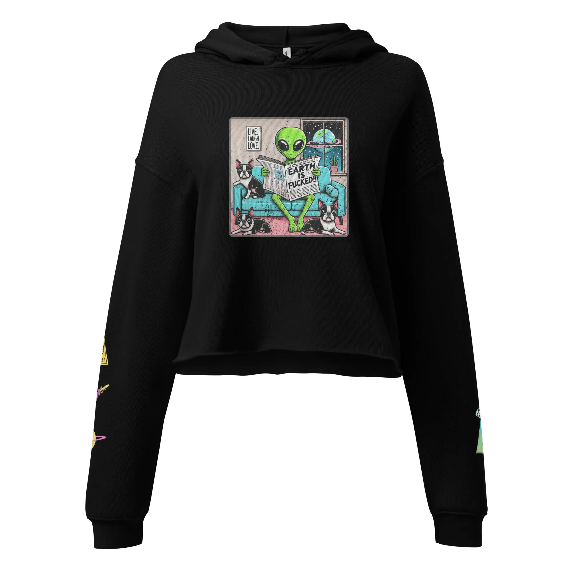 The Earth is F**ked Alien & Boston Terrier Crop Hoodie - VTown Designs Exclusive
