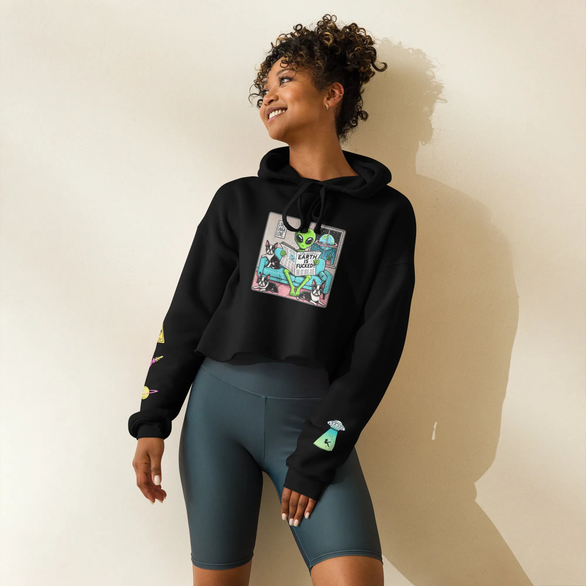 The Earth is F**ked Alien & Boston Terrier Crop Hoodie - VTown Designs Exclusive