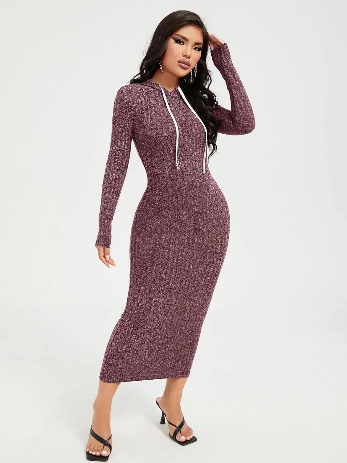 WDIRARA Women's Ribbed Long Sleeve Drawstring Casual Bodycon Long Hoodie Dress