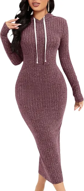 WDIRARA Women's Ribbed Long Sleeve Drawstring Casual Bodycon Long Hoodie Dress