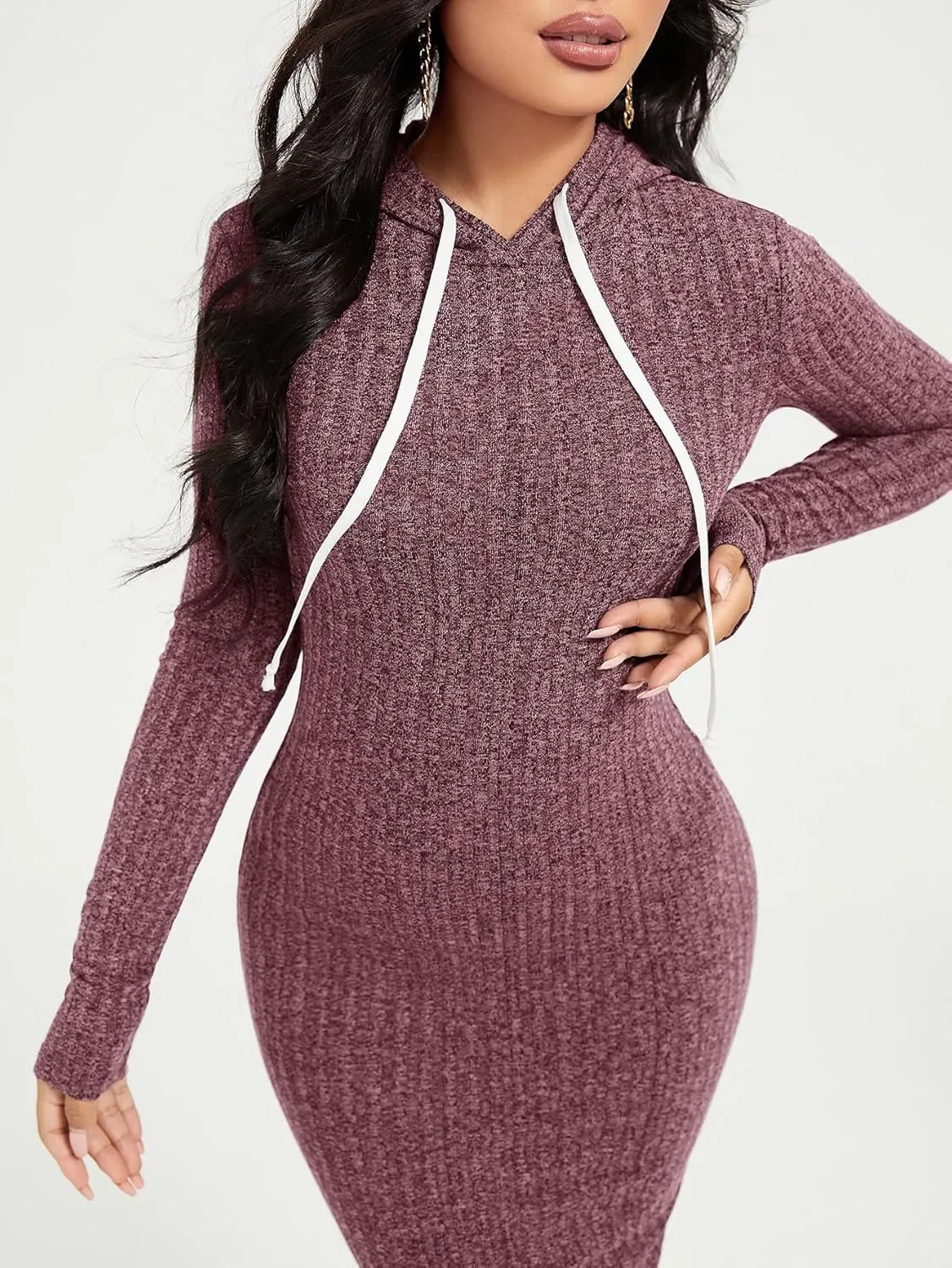 WDIRARA Women's Ribbed Long Sleeve Drawstring Casual Bodycon Long Hoodie Dress