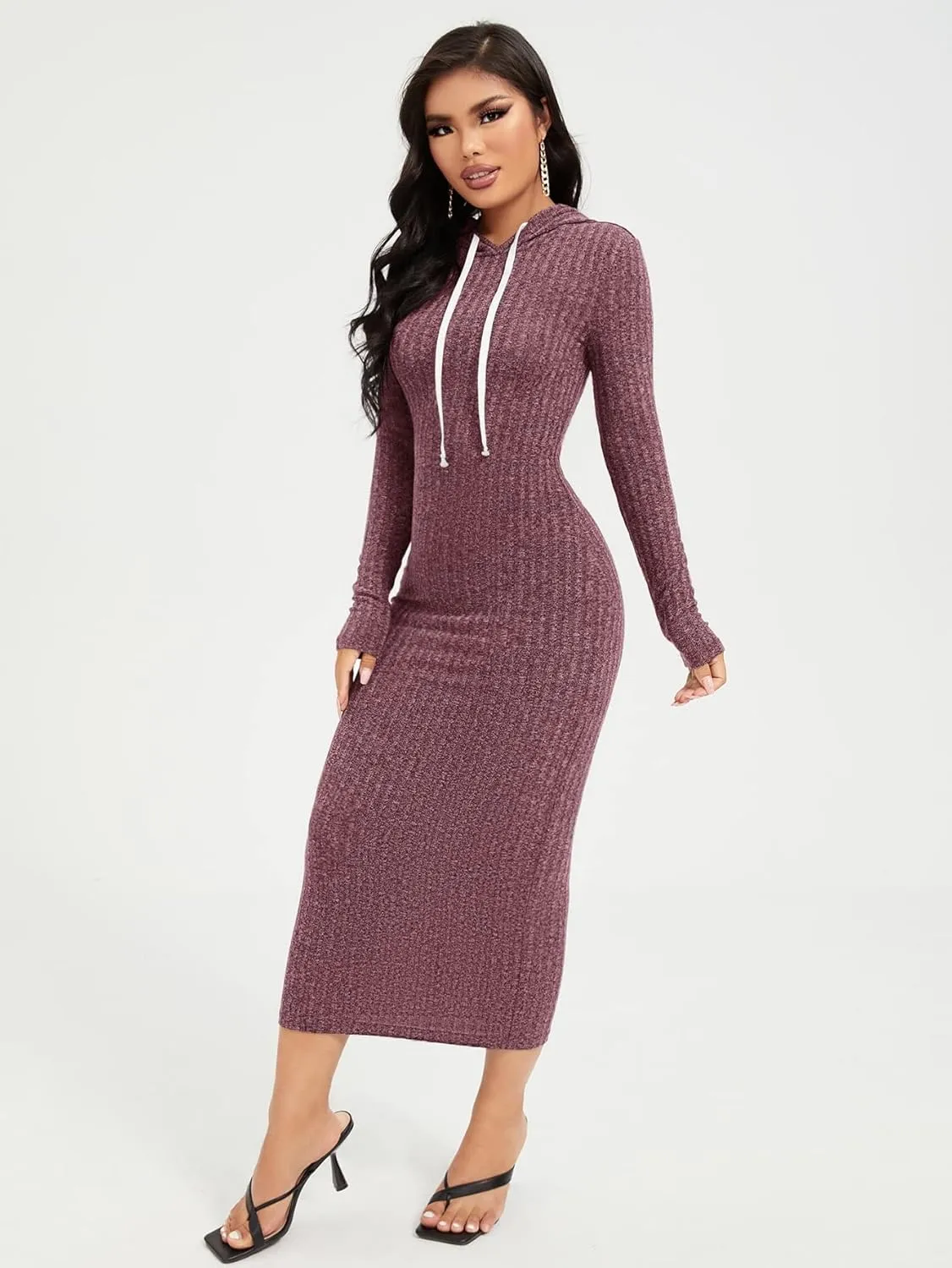 WDIRARA Women's Ribbed Long Sleeve Drawstring Casual Bodycon Long Hoodie Dress
