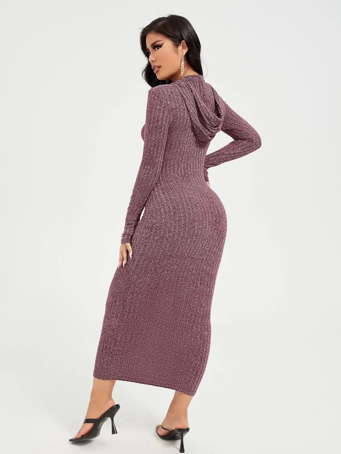 WDIRARA Women's Ribbed Long Sleeve Drawstring Casual Bodycon Long Hoodie Dress