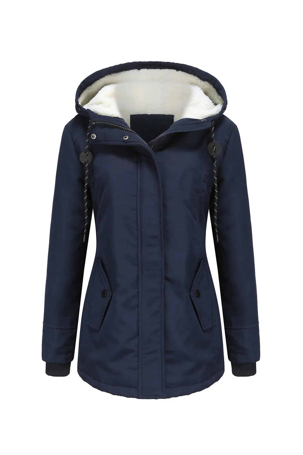 Winter Black Hooded Drawstring ZipperThickened Padded Jacket