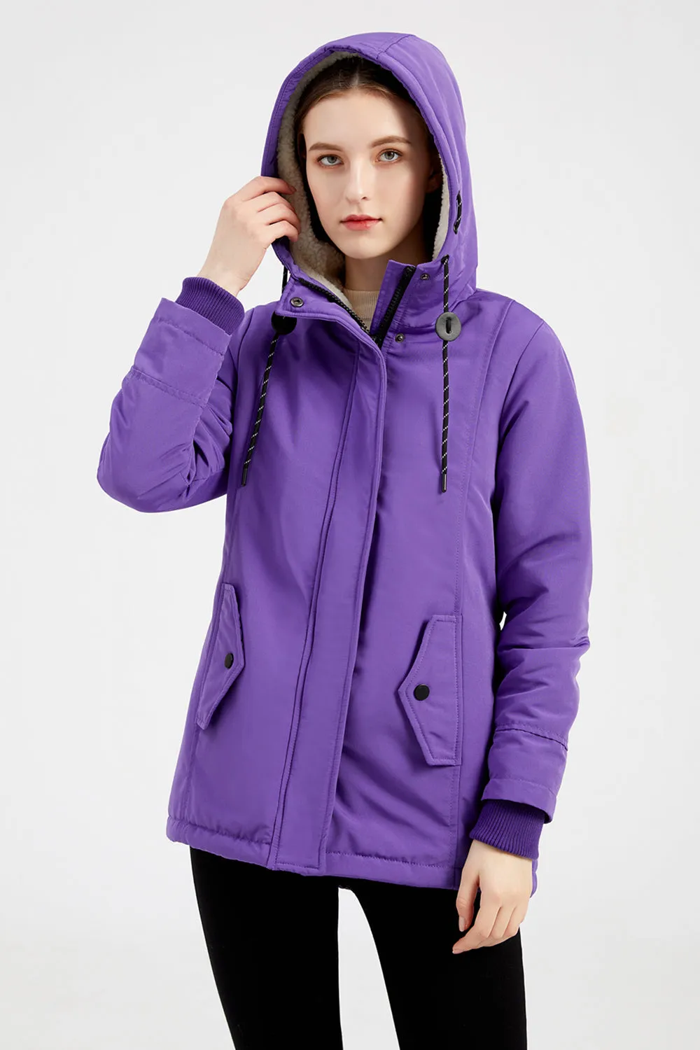 Winter Black Hooded Drawstring ZipperThickened Padded Jacket