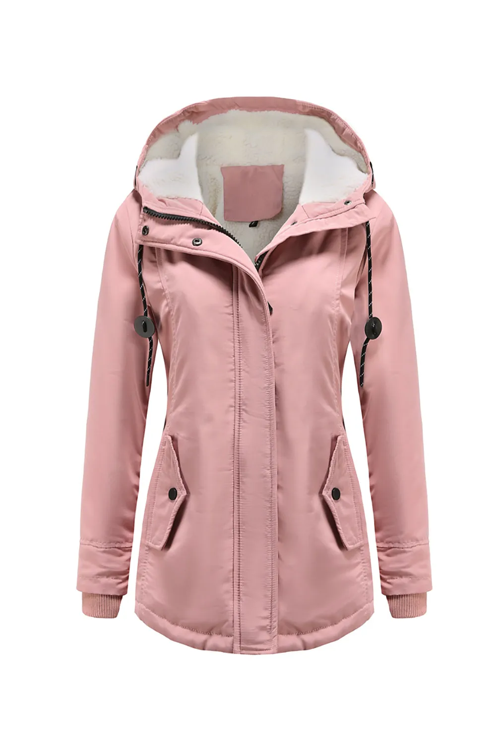 Winter Black Hooded Drawstring ZipperThickened Padded Jacket