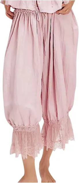 Women Lace Trim Long Bloomers Elastic Mid Rise Ruffle Victorian Pantaloons Cropped Pjs Slips Pants Pajama Bottoms