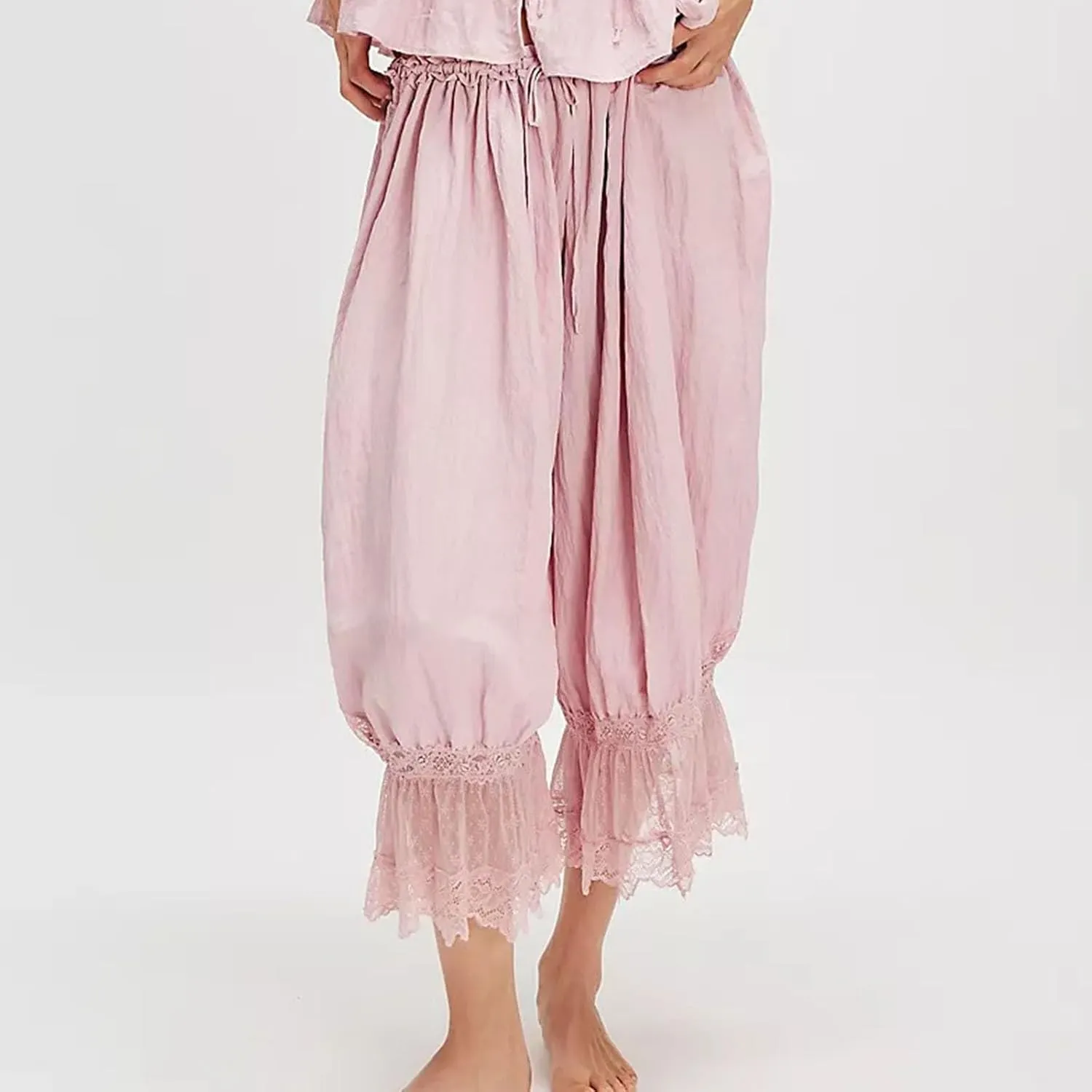 Women Lace Trim Long Bloomers Elastic Mid Rise Ruffle Victorian Pantaloons Cropped Pjs Slips Pants Pajama Bottoms