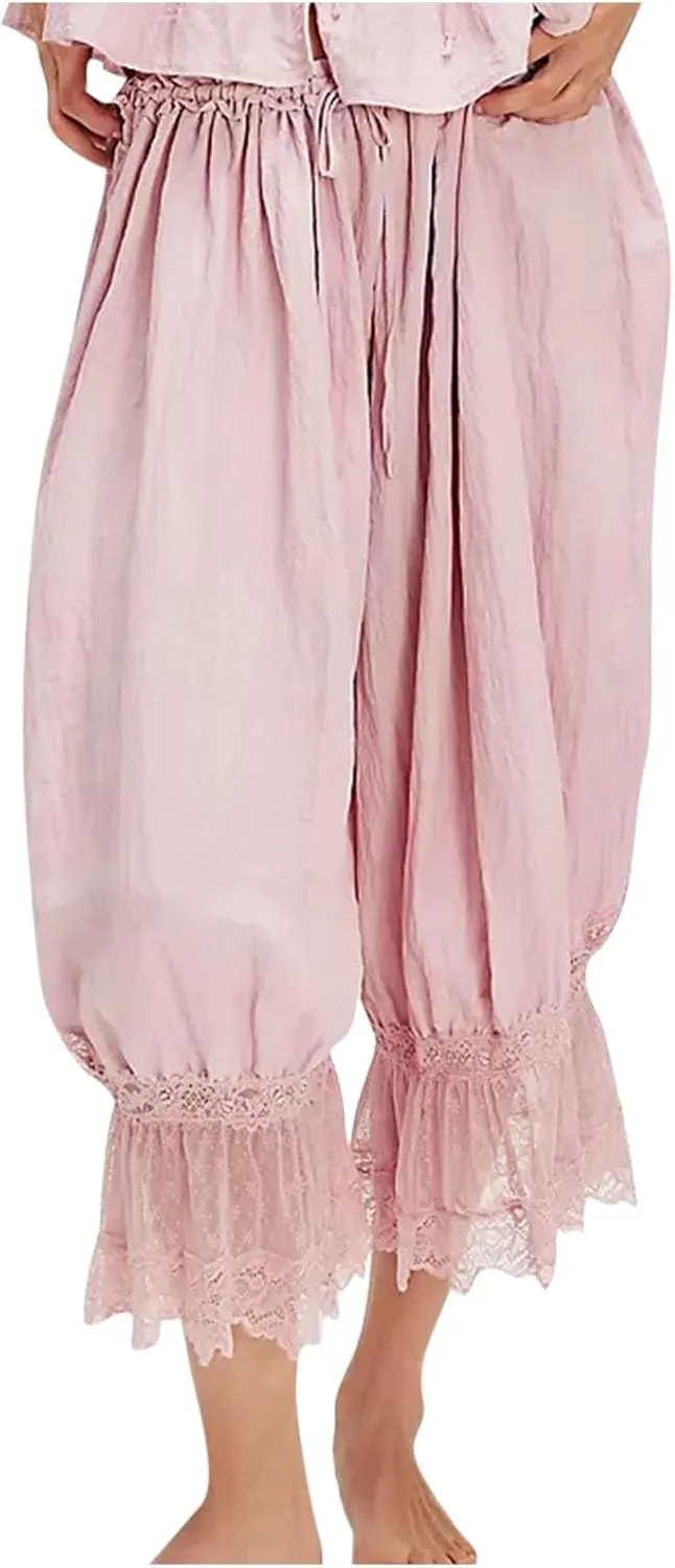 Women Lace Trim Long Bloomers Elastic Mid Rise Ruffle Victorian Pantaloons Cropped Pjs Slips Pants Pajama Bottoms