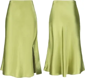 Women Satin Side Split Skirt High Waist Elastic Elegant A Line Midi Skirts for Women