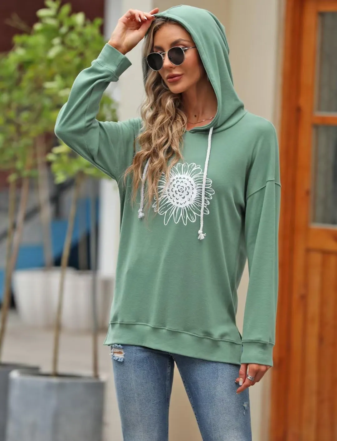 Women Sunflower Graphic Hoodies Long Sleeve Pullover Drawstring Sweatshirt Loose Fit Tunic Tops