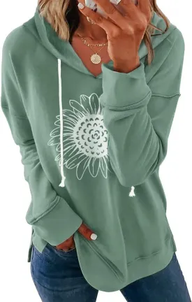 Women Sunflower Graphic Hoodies Long Sleeve Pullover Drawstring Sweatshirt Loose Fit Tunic Tops