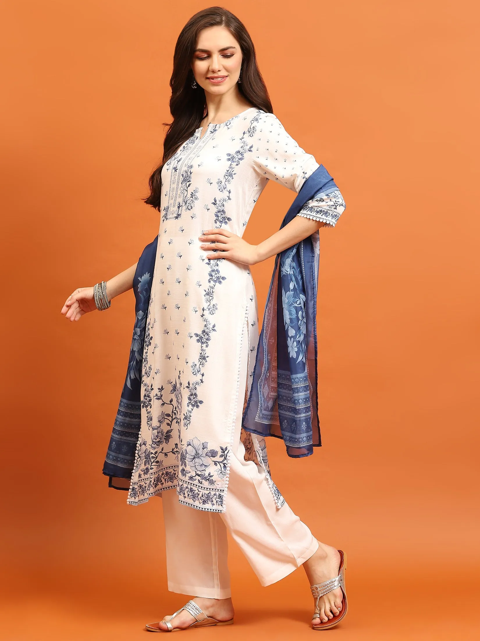 Women White Floral Kurta Comfort Pant Dupatta