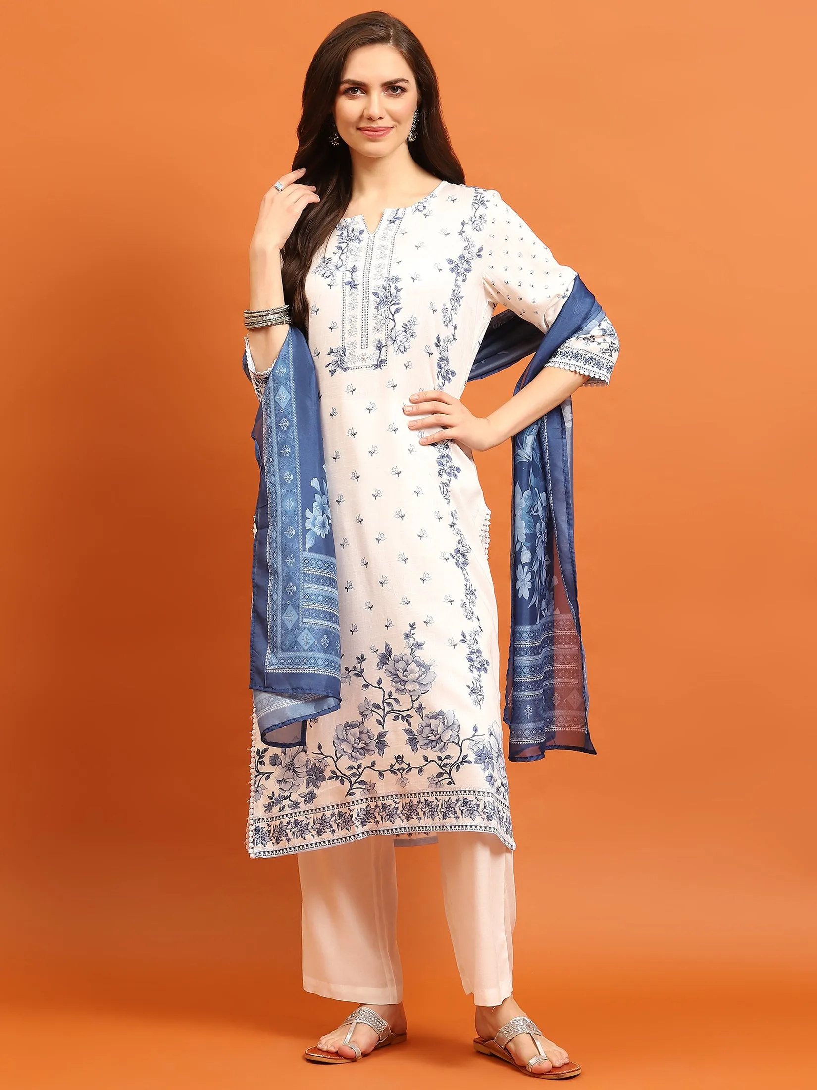 Women White Floral Kurta Comfort Pant Dupatta