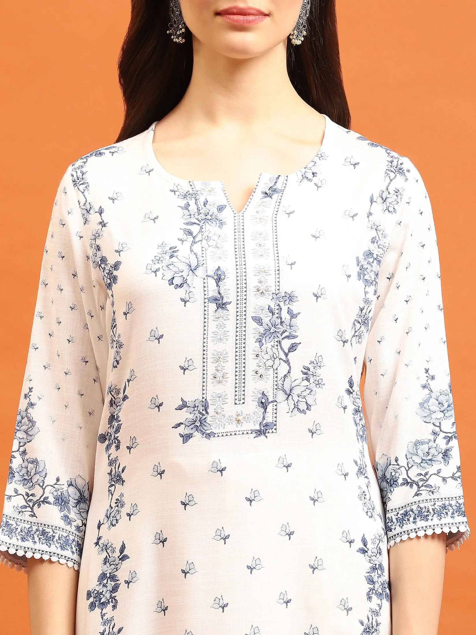 Women White Floral Kurta Comfort Pant Dupatta