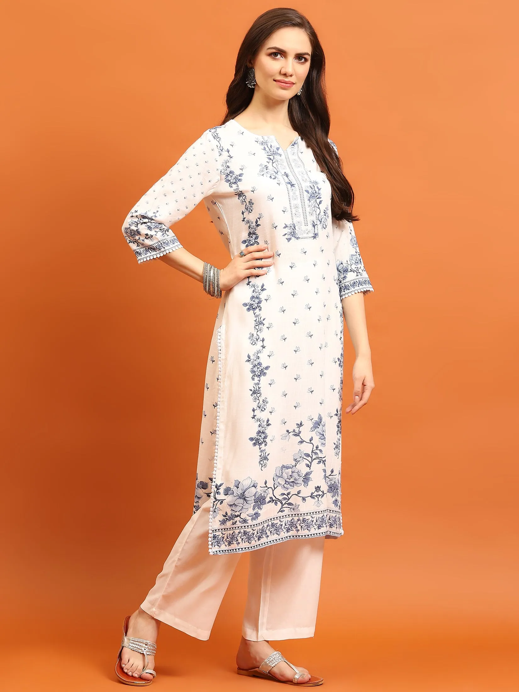 Women White Floral Kurta Comfort Pant Dupatta