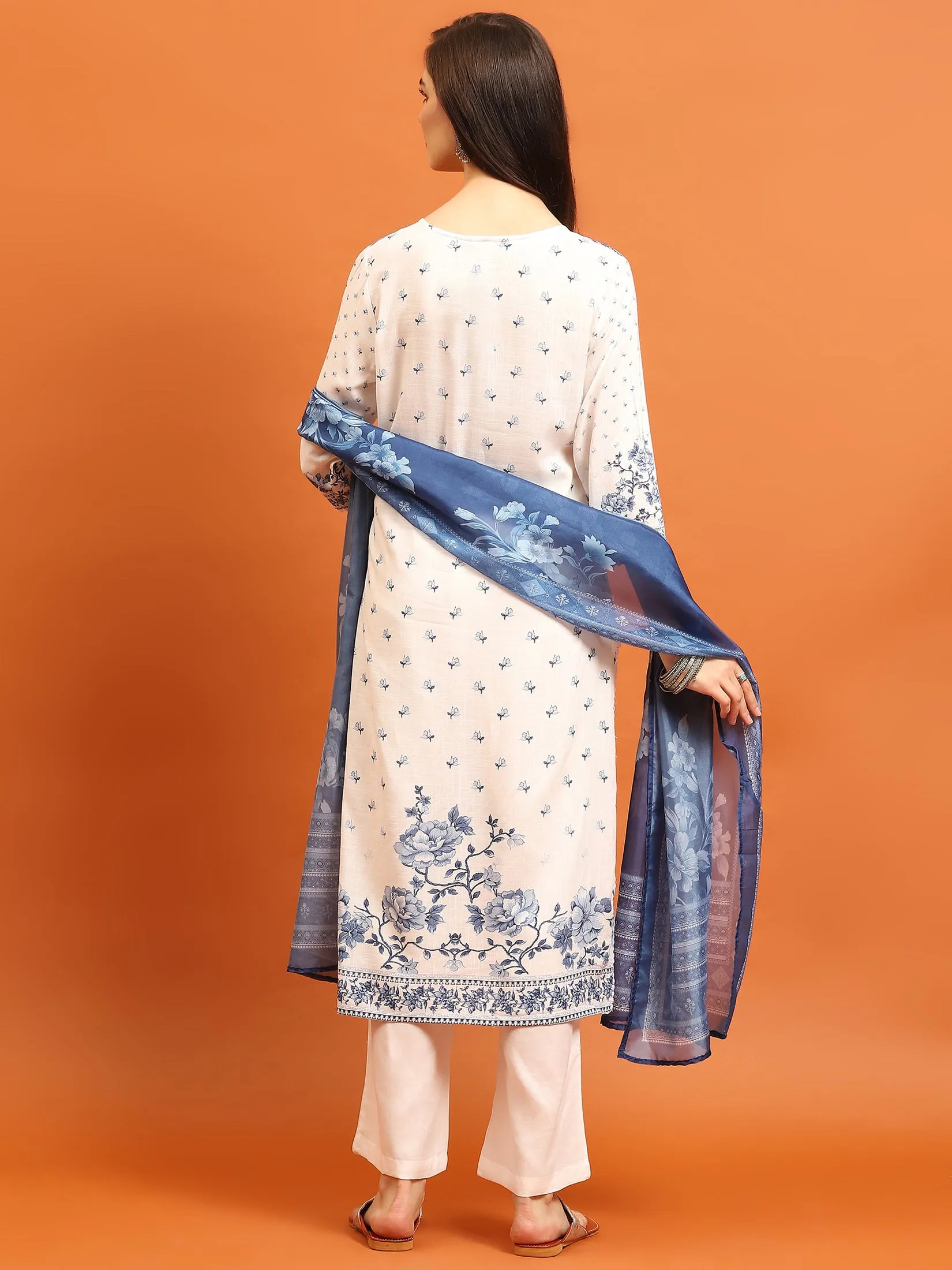 Women White Floral Kurta Comfort Pant Dupatta