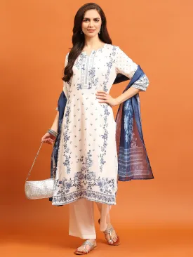 Women White Floral Kurta Comfort Pant Dupatta