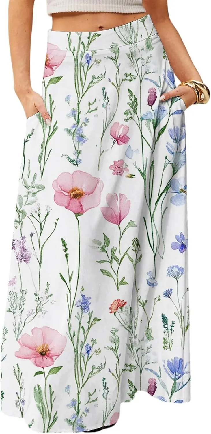 Women's 2025 Bohemian Long Floral Skirts Flowy High Waist Floral Maxi Skirt Summer Regular Trendy Skirts