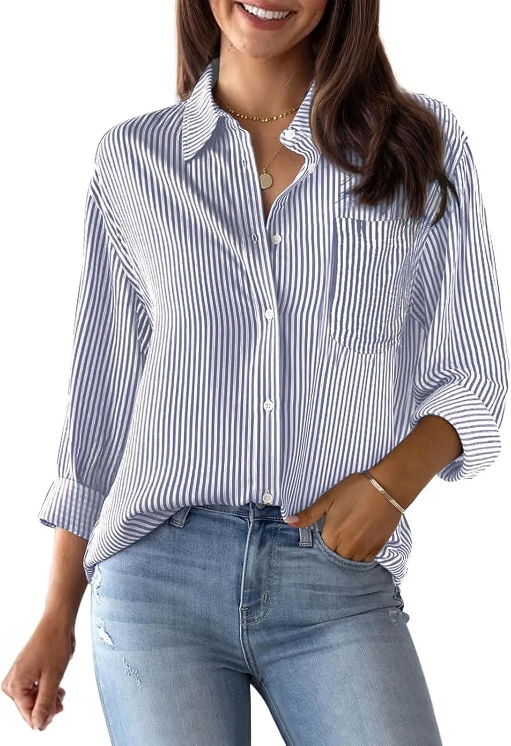 Womens Button Down Shirts Cotton Striped Dress Shirts Long Sleeve Button Up Collared Office Work Blouses Tops