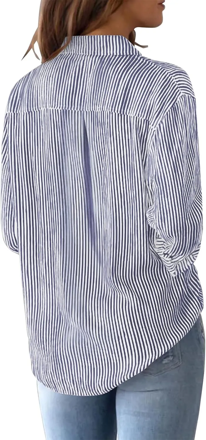Womens Button Down Shirts Cotton Striped Dress Shirts Long Sleeve Button Up Collared Office Work Blouses Tops