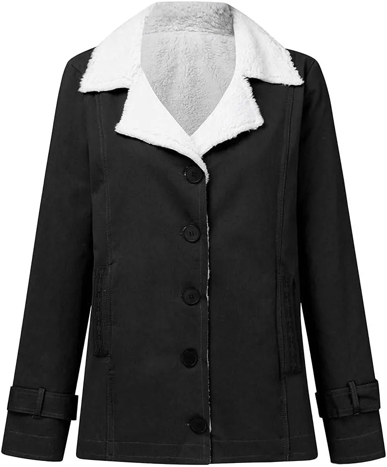 Womens Casual Sherpa Fleece Lined Denim Jackets Plus Size Warm Winter Lapel Collar Faux Fur Oversized Button Down Coat