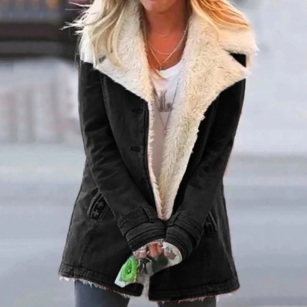 Womens Casual Sherpa Fleece Lined Denim Jackets Plus Size Warm Winter Lapel Collar Faux Fur Oversized Button Down Coat