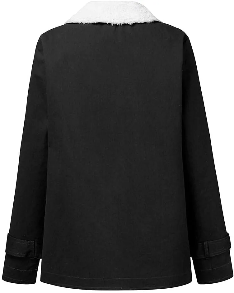 Womens Casual Sherpa Fleece Lined Denim Jackets Plus Size Warm Winter Lapel Collar Faux Fur Oversized Button Down Coat
