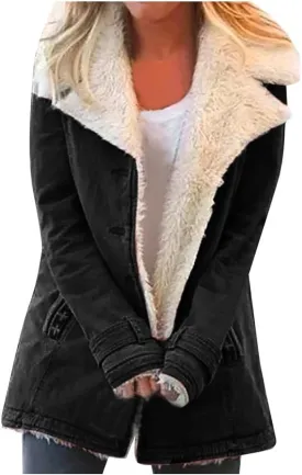 Womens Casual Sherpa Fleece Lined Denim Jackets Plus Size Warm Winter Lapel Collar Faux Fur Oversized Button Down Coat