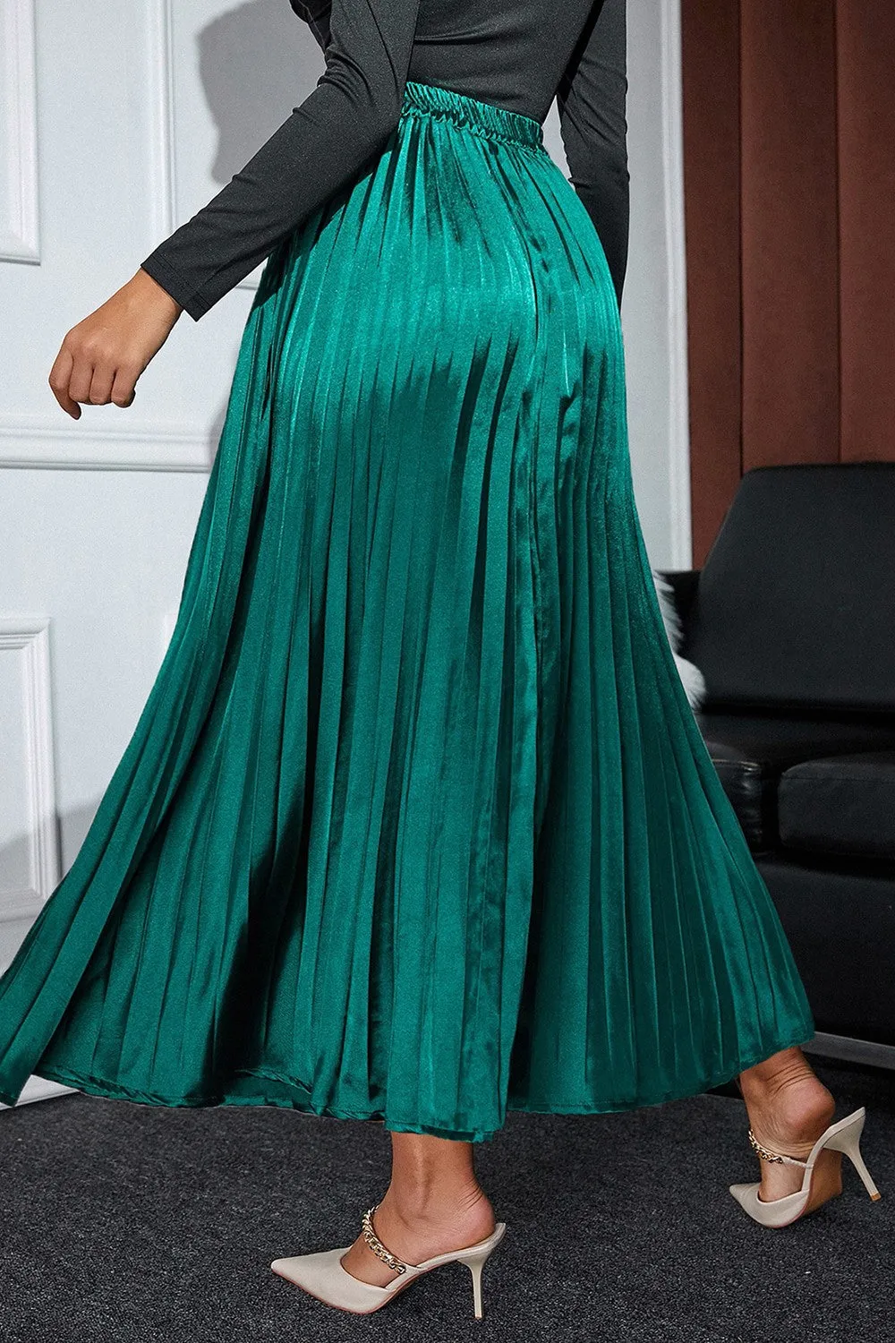 Women's Elegant Pleated Midi Skirt with Elastic Waist