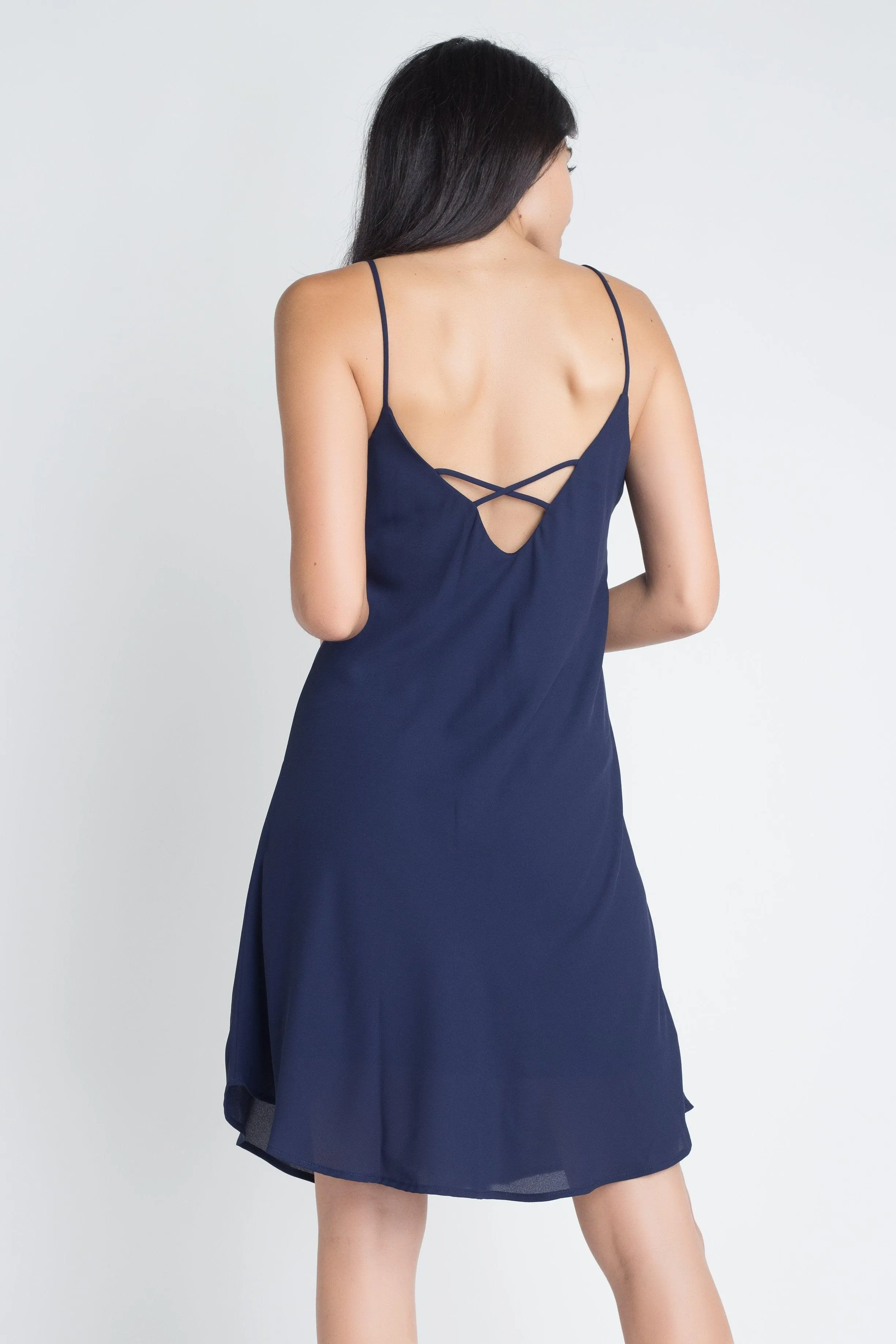 Womens Navy Blue Sleeveless Flowy Dress Spaghetti Straps