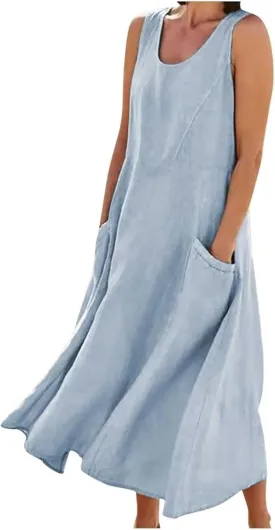 Women's Summer Cotton Linen Long Dress Sleeveless Elegant Flowy Maxi Dresses Plus Size Loose Comfy Dress with Pockets