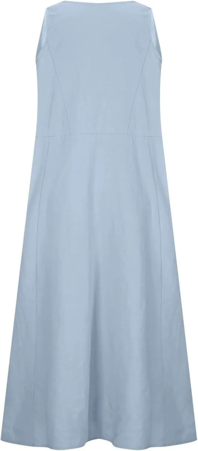 Women's Summer Cotton Linen Long Dress Sleeveless Elegant Flowy Maxi Dresses Plus Size Loose Comfy Dress with Pockets