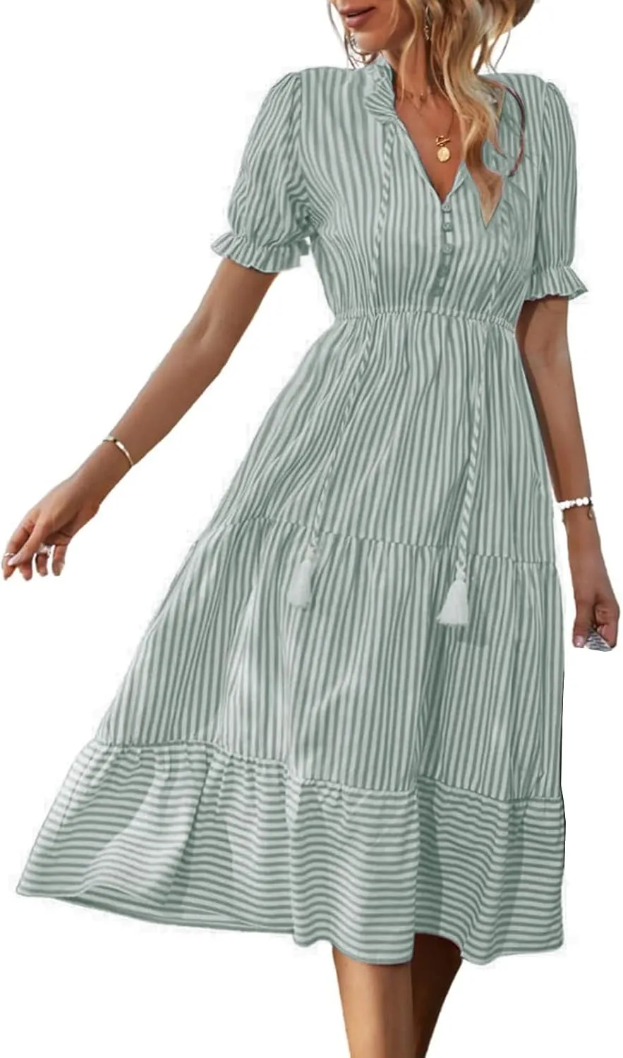 Womens Summer Striped Dress, Puff Sleeve, Button V Neck High Waist, Ruffled Loose Swing, Maxi Casual Shirt