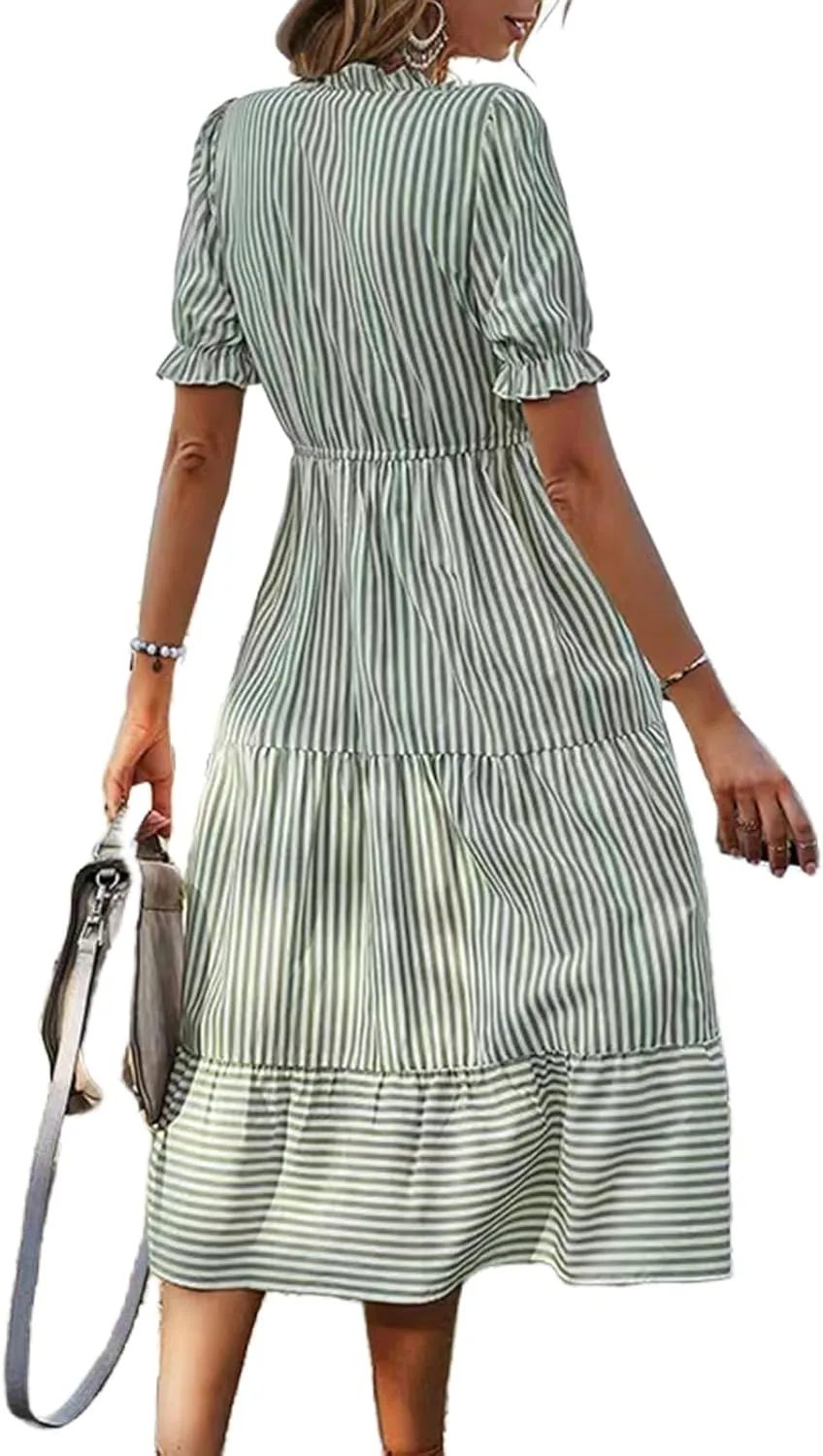 Womens Summer Striped Dress, Puff Sleeve, Button V Neck High Waist, Ruffled Loose Swing, Maxi Casual Shirt