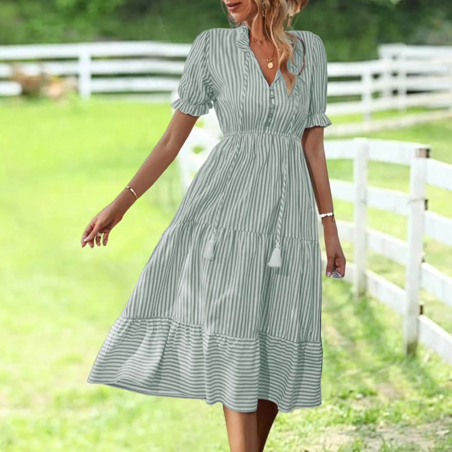 Womens Summer Striped Dress, Puff Sleeve, Button V Neck High Waist, Ruffled Loose Swing, Maxi Casual Shirt