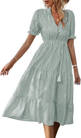 Womens Summer Striped Dress, Puff Sleeve, Button V Neck High Waist, Ruffled Loose Swing, Maxi Casual Shirt